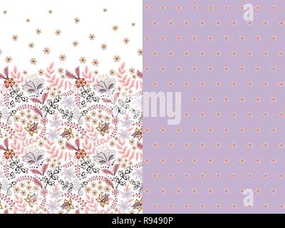 Set di due orizzontali seamless motivo floreale con paisley e fantasia fiori confine. Disegnata a mano la texture per i vestiti, biancheria, tessuto del vestito ecc. Lillà Illustrazione Vettoriale