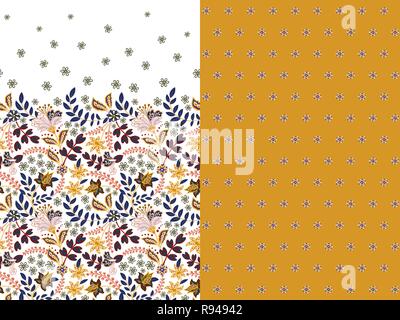 Set di due orizzontali seamless motivo floreale con paisley e fantasia fiori confine. Disegnata a mano la texture per i vestiti, biancheria, tessuto del vestito ecc. Giallo Illustrazione Vettoriale