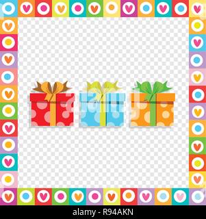 Carino festosa colorato avvolto confezioni regalo all'interno del cuore telaio su sfondo trasparente. Fumetto illustrazione vettoriale, biglietto di auguri, cartolina per bir Illustrazione Vettoriale