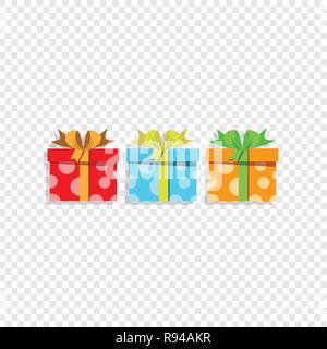 Illustrazione Vettoriale di Cartoon carino set di colorate scatole regalo avvolto con prua festosa isolato sul trasparente. Presenta, icone, anniversario logo, bi Illustrazione Vettoriale