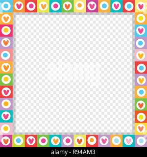 Vettore di cute square amore reso frontiera di doodle disegnati a mano cuori in colori luminosi e isolato. Modello con copia spazio per il messaggio di saluto di san valentino, scheda dati Illustrazione Vettoriale