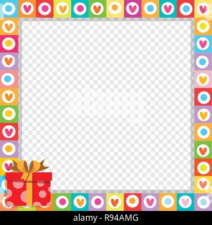 Vettore vibrante carino border photo frame fatti di doodle cuori con Brillanti confezione regalo rossa nell'angolo. Modello multicolore con copia spazio per Natale, Illustrazione Vettoriale