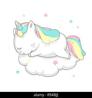 Unicorn Stop sogno fata Poster template vettoriale. Carta Magia Acquerello Stampa Modello con piccolo corno Pony dormire sul Cloud. Da favola Banner stampabile piatto Design Cartoon Illustrazione Vettoriale