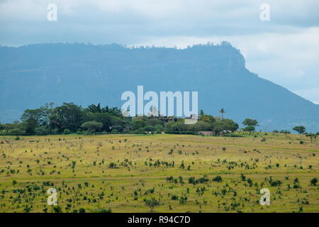 La savana prateria contro uno sfondo di montagna a Taita Hills Wildlife Sanctuary, Voi Foto Stock