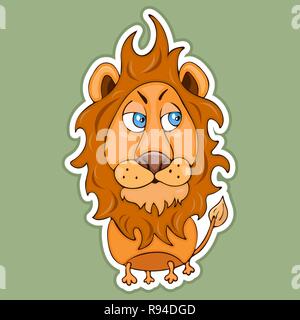Dipinto di carino divertente lion adesivo, elemento di design, stampa colorata del disegno a mano, personaggio dei fumetti, illustrazione vettoriale, caricatura, isolato con il bianco Illustrazione Vettoriale