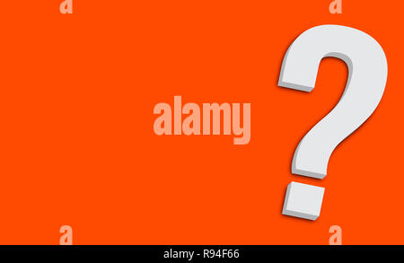 Punto interrogativo in bianco minimalista di colore grigio 3D isolato su un semplice minimo vivido arancione sfondo pulito in diagonale e con grandi vuoti copia s Foto Stock