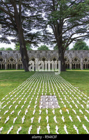 La Cattedrale di Salisbury chiostri contemplati nelle ganasce della Somme figure, a Salisbury, Wiltshire, Inghilterra, l'Europa. Foto Stock