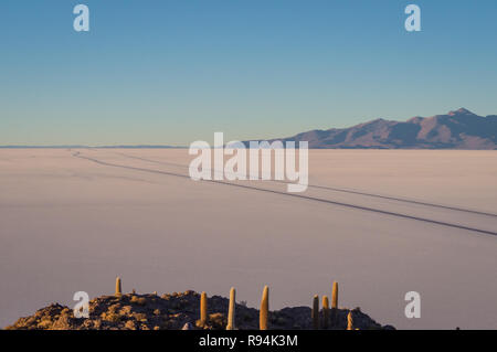 Vista sul tramonto sull isola incahuasi dal lago di sale di Uyuni in Bolivia. Vista panoramica Foto Stock