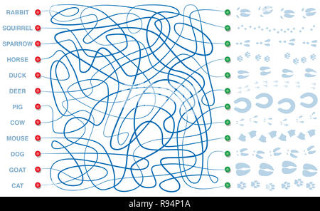Labirinto con le tracce degli animali. Trovare il giusto modo attraverso il labirinto a destra di footprint del coniglio, scoiattolo sparrow, cavallo, anatra, cervi, suini Foto Stock