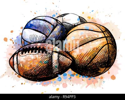 Sport palle calcio raccolta basketball volleyball da una spruzzata di acquerelli Illustrazione Vettoriale