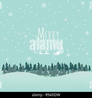 Buon Natale e felice anno nuovo tipografici lucido su sfondo di Natale con paesaggio invernale con i fiocchi di neve, luce di stelle. Buon Natale messaggio di saluto Illustrazione Vettoriale