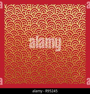 Oriental pattern di onde seigaiha reale vernice dorata e una lamina metallica su sfondo rosso sfondo decorativo o origami con carta oro metallico inchiostro l Illustrazione Vettoriale