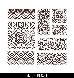 Grande collezione di antiche orientali seamless pattern seigaiha che sbocciano fiori sakura, floreale astratta geometrica e set di sfondi. Illustrazione Vettoriale