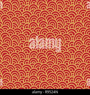 Lo stile orientale seamless pattern di onde di colore giallo su sfondo rosso sfondo decorativo origami carta, tessile, involucro o scrapbook page Illustrazione Vettoriale