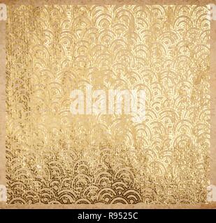 Oriental modello antico di onde real Golden foglia metallica di pizzo decorativo sullo sfondo carta origami sul vecchio texture con oro glitter sfondo inchiostro scr Illustrazione Vettoriale