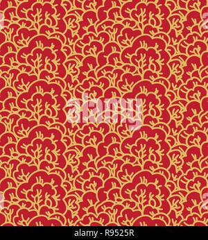 Oriental seamless pattern di fioritura sakura tree giallo su rosso sfondo decorativo o carta origami Hanami sfondo festival di primavera di vettore Illustrazione Vettoriale