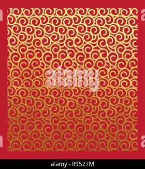 Orientaleggiante di arricciata spirali di contorno reale di vernice dorata e una lamina metallica su sfondo rosso sfondo decorativo o carta origami con inchiostro di oro di me Illustrazione Vettoriale