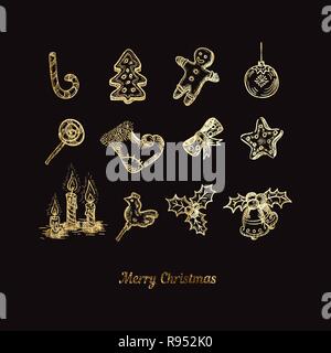 Vettore di vernice dorata schizzo di Buon Natale segni e simboli della vacanza invernale di lamina di oro ornamento illustrazione vintage icone isolati su carta nera Illustrazione Vettoriale