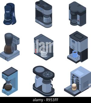 Macchina da caffè icona impostare, stile isometrico Illustrazione Vettoriale