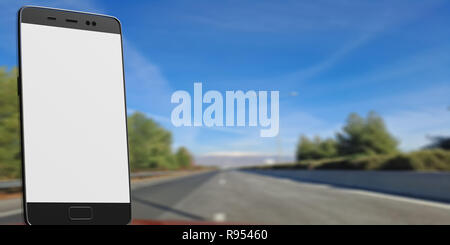 La guida e il concetto di telefoni. Schermo vuoto smartphone, affissioni mockup, sfocatura sulla strada asfaltata sfondo, spazio per il testo. 3d illustrazione Foto Stock