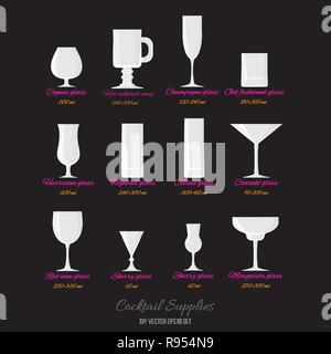 Cocktail di vettore di occhiali con nomi e capacità di vetro. Decorazione Menu vettore DIY impostata per il web e la stampa in stile retrò Illustrazione Vettoriale