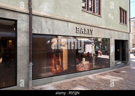 SANKT MORITZ, Svizzera - Agosto 16, 2018: Bally negozio di lusso in una soleggiata giornata estiva in Sankt Moritz, Svizzera Foto Stock