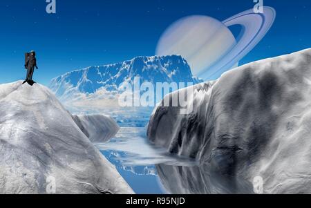 Il pianeta Saturno come si vede da una delle sue lune Titan Foto Stock