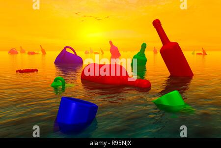 Oggetti in plastica in dumping le masse dei mari e degli oceani su scala globale. Foto Stock