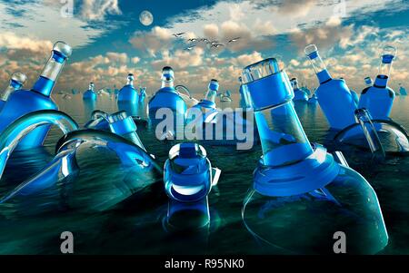 Oggetti in plastica in dumping le masse dei mari e degli oceani su scala globale. Foto Stock