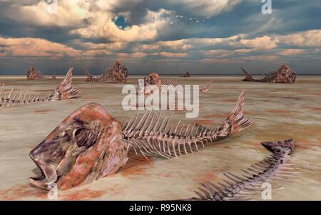 I pesci morti uccisi da inquinamento ,giacente su un asciugata mare oceano o letto. Foto Stock