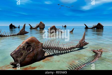 I pesci morti uccisi da inquinamento ,giacente su un asciugata mare oceano o letto. Foto Stock