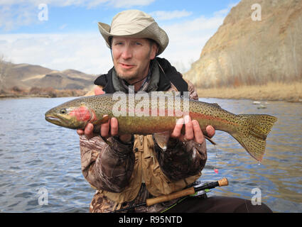 Felice pescatore a mosca azienda grandi trote steelhead Foto Stock