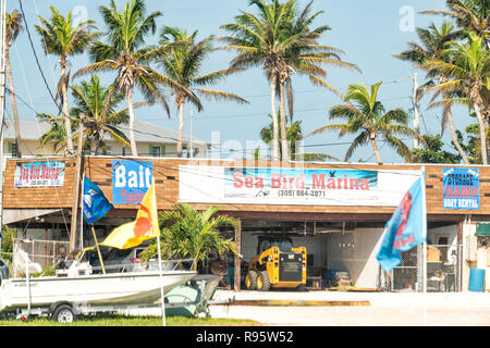 Layton Key, Stati Uniti d'America - 1 Maggio 2018: Città in Florida keys lungo la Overseas Highway road con uccelli di mare marina, a umido, a secco di rampa di storage, noleggio barche, esche, affrontare Foto Stock