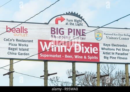 Big Pine Key, Stati Uniti d'America - 1 Maggio 2018: Centro commerciale segno, affissioni con le direzioni di uscita bealls, Winn-Dixie Winn Dixie fruttivendolo, shop, supermar Foto Stock