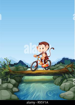 Monkey Bicicletta Equitazione Varcando il fiume illustrazione Illustrazione Vettoriale