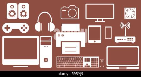 Set di gadget tecnologici. Dispositivi wireless portatili, pacchetto di  cartoni animati di dispositivi elettronici e computer appliance stile  piatto. Raccolta isolata da vettori come computer portatile, tastiera,  smartphone e computer Immagine e