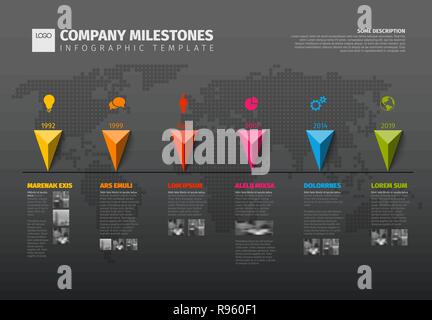 Infografico vettore AZIENDA Pietre miliari modello Timeline con puntatori su una linea e la mappa del mondo in background - grigio scuro versione Illustrazione Vettoriale