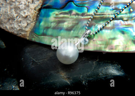 Pendente in oro bianco con perla Tahiti e diamante sulla madre perla shell (Pinctada Margaritifera) e pietre di colore nero Foto Stock