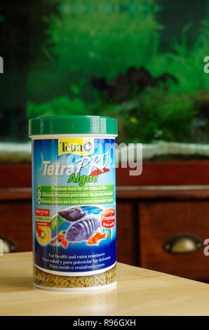 Tetra Pro alghe pesci Pet Food Fiocchi di fronte ad un acquario o pesce serbatoio, REGNO UNITO Foto Stock