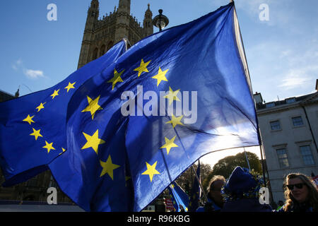 Regno Unito. Xix Dec, 2018. Anti-Brexit dimostranti si sono visti protestare sventolando Unione europea bandiere al di fuori della sede del Parlamento con solo cento giorni per Brexit, il Regno Unito ha formalmente lasciare l'Unione europea del 29 marzo 2019 e il governo del Regno Unito ha accantonato Â£2 miliardi di euro per un ''No Deal'' Brexit. Credito: Dinendra Haria/SOPA Immagini/ZUMA filo/Alamy Live News Foto Stock