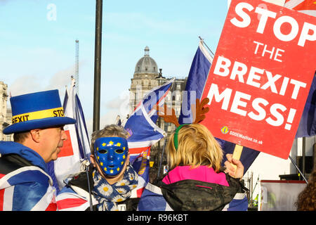 Regno Unito. Xix Dec, 2018. Anti-Brexit dimostranti sono visto che protestavano davanti al Palazzo del Parlamento con solo cento giorni per Brexit, il Regno Unito ha formalmente lasciare l'Unione europea del 29 marzo 2019 e il governo del Regno Unito ha accantonato Â£2 miliardi di euro per un ''No Deal'' Brexit. Credito: Dinendra Haria/SOPA Immagini/ZUMA filo/Alamy Live News Foto Stock