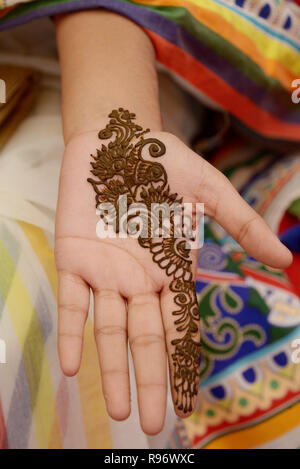 Dacca. Xx Dec, 2018. Una ragazza mostra il suo lato di henna a un matrimonio equo di Dacca, capitale del Bangladesh, Dic 20, 2018. In Bangladesh, le donne hanno sempre henné, un tradizionale India arte della pelle, dipinte sulle loro mani prima di partecipare a una cerimonia. Il Bangladesh è entrato nel periodo di alta stagione da dicembre al prossimo nuovo anno come persone nel paese di solito tenere le cerimonie di nozze in inverno. Credito: Xinhua/Alamy Live News Foto Stock