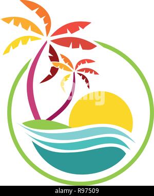 Colorato Palm tree icona con il mare e il sole Illustrazione Vettoriale