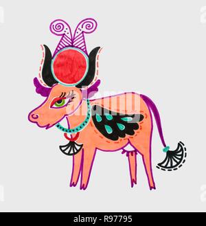 Disegno di marcatore della dea egiziana Hathor - mucca con le ali e s Illustrazione Vettoriale