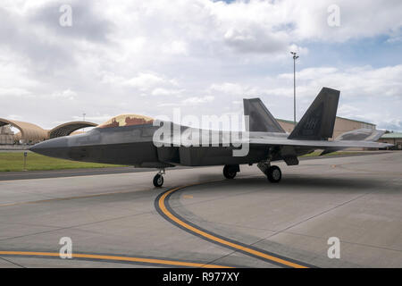Un F-22 Raptor taxi verso il basso la Flightline dic. 10, 2018 a base comune perla Harbor-Hickam durante l'esercizio Sentry Aloha. F-22s possiedono un sensore sofisticate suite, consentendo al pilota di tenere traccia, identificare, spara e uccide aria-aria minacce prima di essere rilevato. Il 199th FS è parte del più grande Air National Guard parafango nella nazione, la 154ala. (U.S. Air National Guard foto di Senior Airman Giovanni Linzmeier) Foto Stock