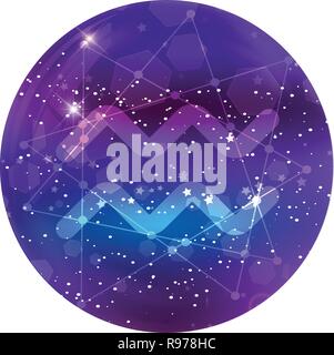 Aquarius segno zodiacale e costellazione sul cosmica cielo viola con stelle luccicanti e nebula isolati su sfondo bianco. Neon vettore icona del design, web Illustrazione Vettoriale