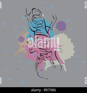 Inchiostro calligrafico silhouette di una lucertola su uno sfondo di macchie di vernice con il testo di animali selvatici. disegno a mano 10 eps Illustrazione Vettoriale