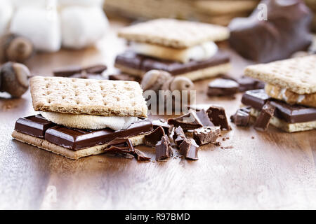Deliziosa Smores con cioccolato e marshmallows. Estrema profondità di campo. Foto Stock