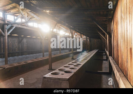 Interno della baracca in Auschwitz Birkenau Museum utilizzata in precedenza come il tedesco del campo di concentramento, Polonia Foto Stock