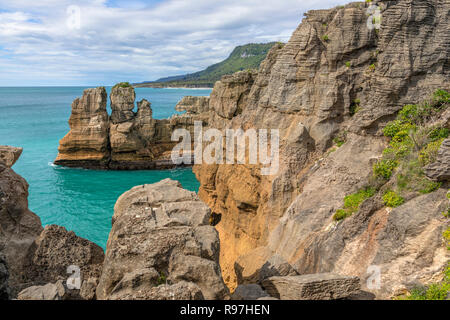 Pancake Rocks, Punakaiki, nella costa occidentale dell'Isola del Sud, Nuova Zelanda Foto Stock